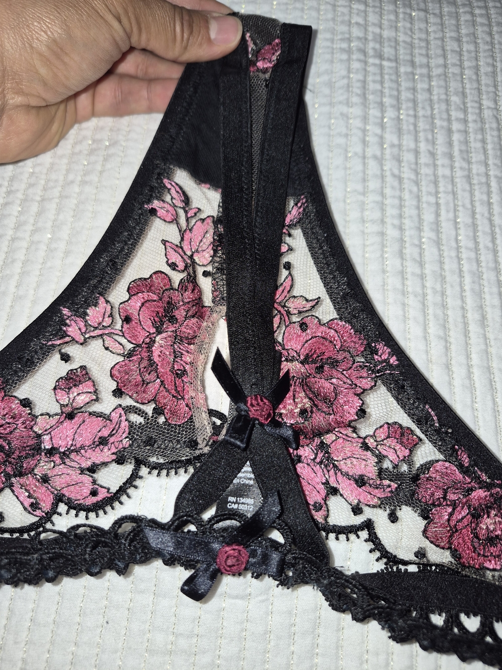 For Love And Lemons Black Sheer Bra & Garter Set with Pink Floral Embroidery - Picture 8 of 11